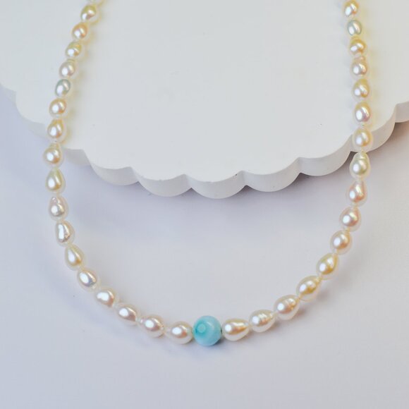 Larimar & Mini Baroque Pearl Necklace 16.5-18.5" - Picture 6 of 7